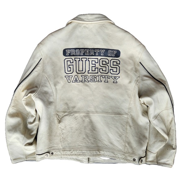 Vtg 80s Guess Varsity Jacket Mens XL Beige Leather Y2k Punk Grunge 2000s Retro‎